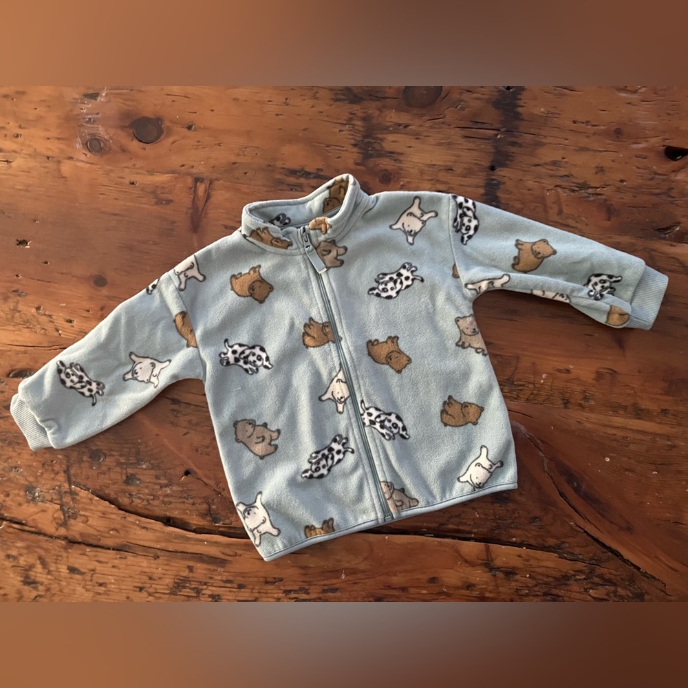 H&M toddler Light Blue Fleece Jacket with Dog Print 12-18 months